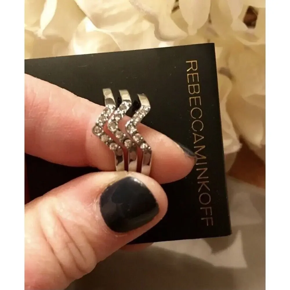 Rebecca Minkoff Crystal CZ Chevron Ring Set Of 3 Rings Size 7 Rhodium Plated New